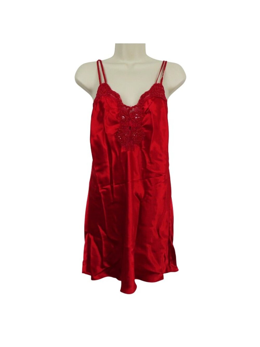 Victorias Secret Women Small Vintage Gold Label Red Lace Beaded Nightgown Dress
